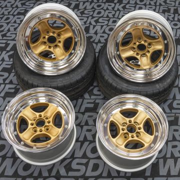 WORK EQUIP 40 Staggered Set - 15X8 ET10, ET7 4x100 Sprint Gold (SGL) w/ Polished Lips 